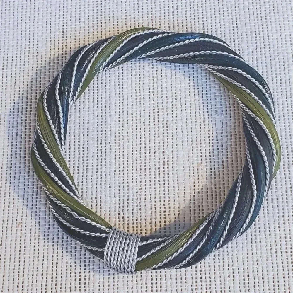 Handcrafted Twisted Rattan Wicker Olive Dark Green Silver Metal Bangle Bracelet